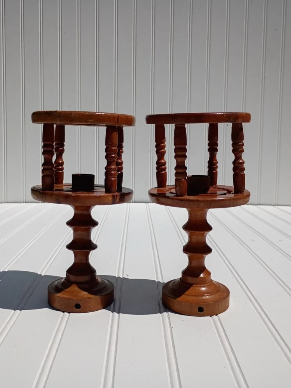 Vintage Turned Wood Candle Holder Pair Cage Spindle Taper Rustic Farmhouse MCM